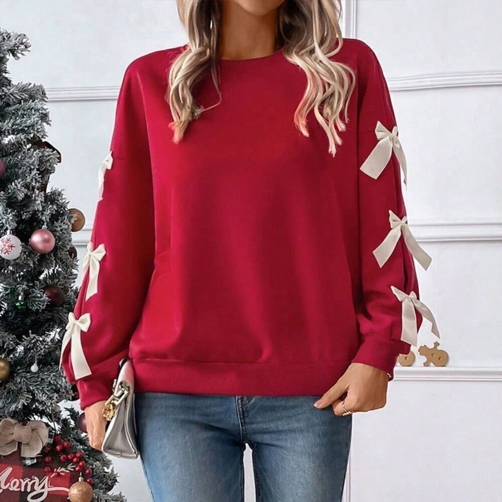 Red Casual Women's Knitted Long Sleeve Top Round Neck Slight Stretch